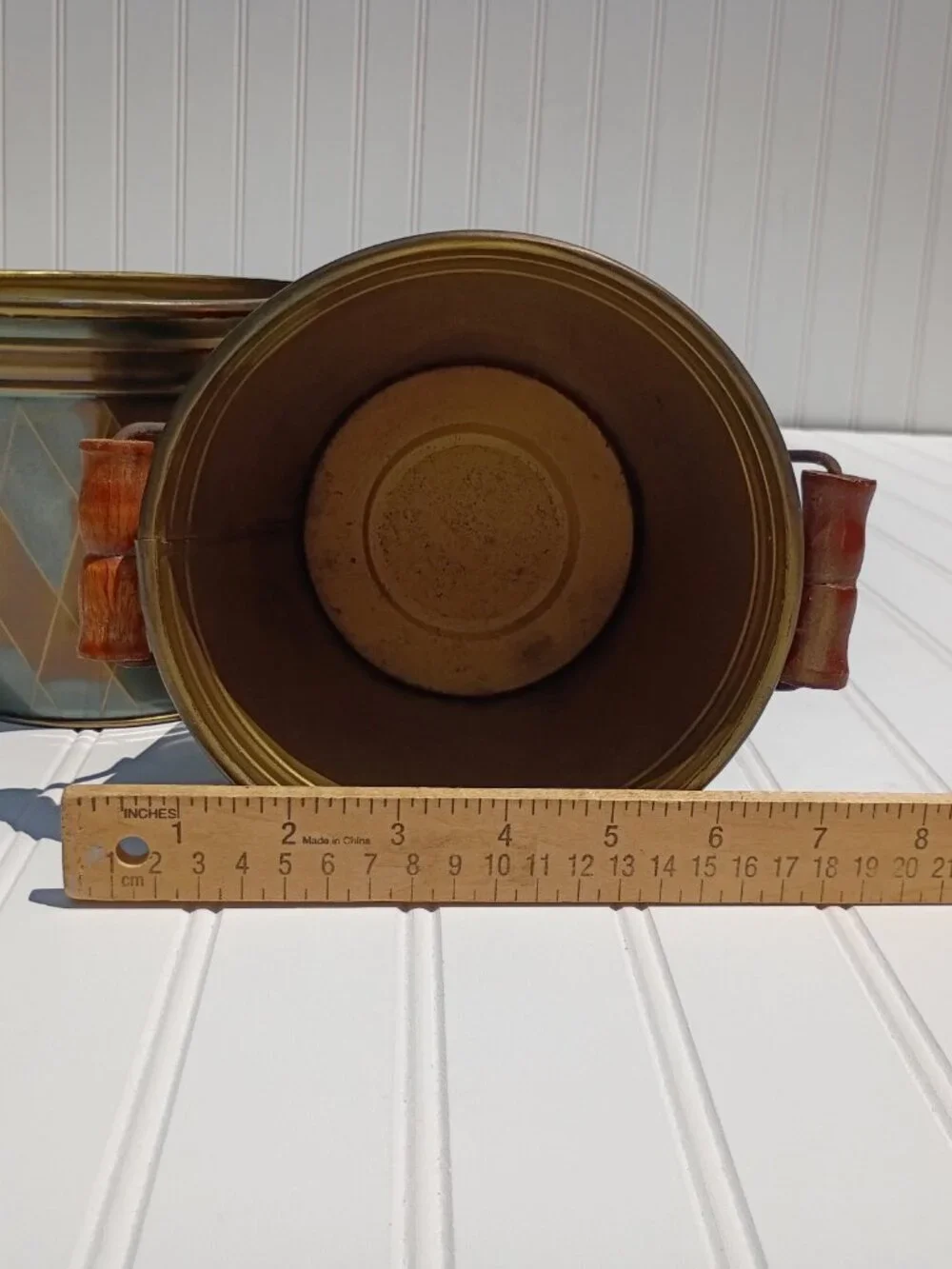 Vintage Brass Planters with Wooden Handles Set of 2 Diamond Pattern Pot Cachepot